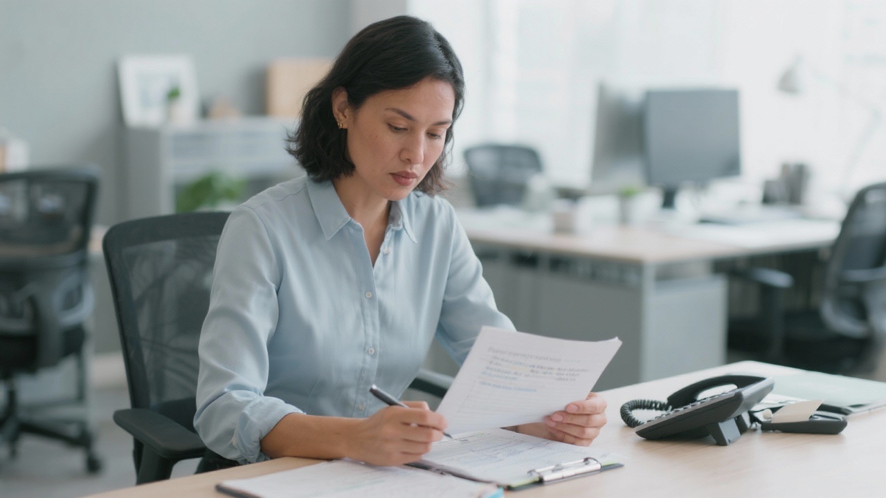 Leadership consultant preparing follow-up actions after receiving a client inquiry, reviewing notes and planning call logistics in a professional workspace.