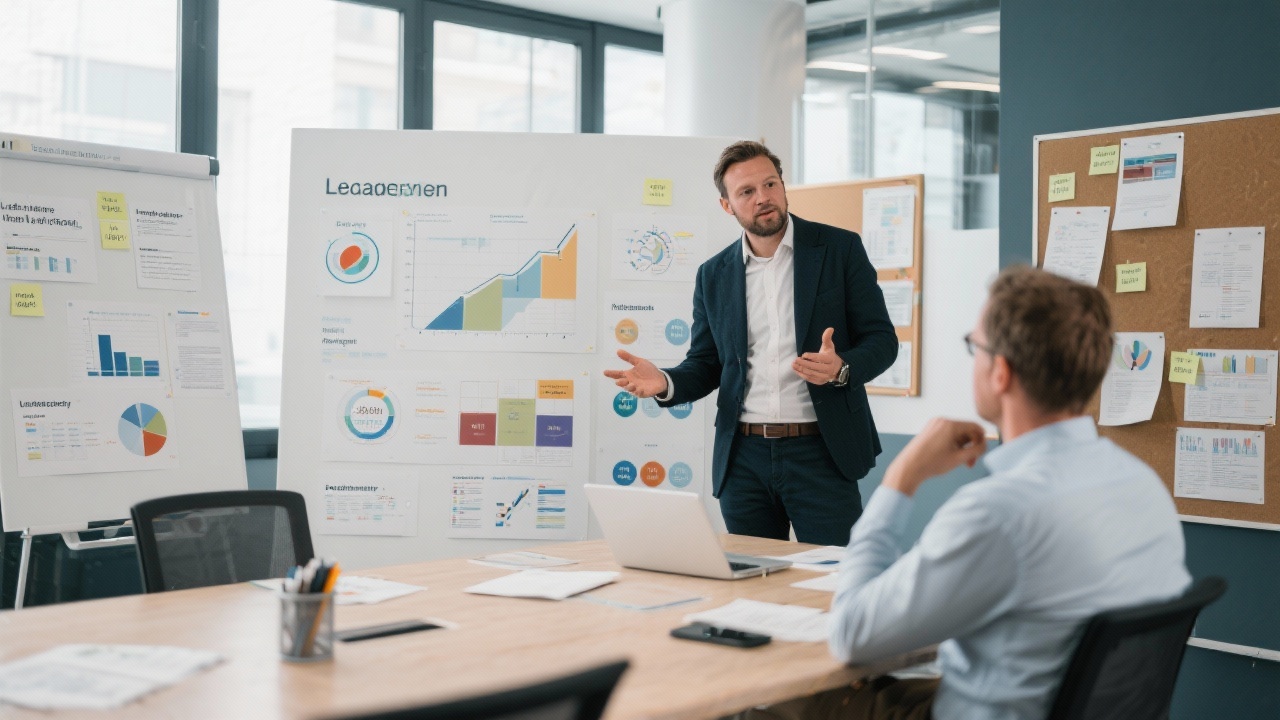 Leadership facilitator coaching an SME manager during a reflective session with strategy canvases, insights boards, and documented leadership habits in a modern Dutch office.
