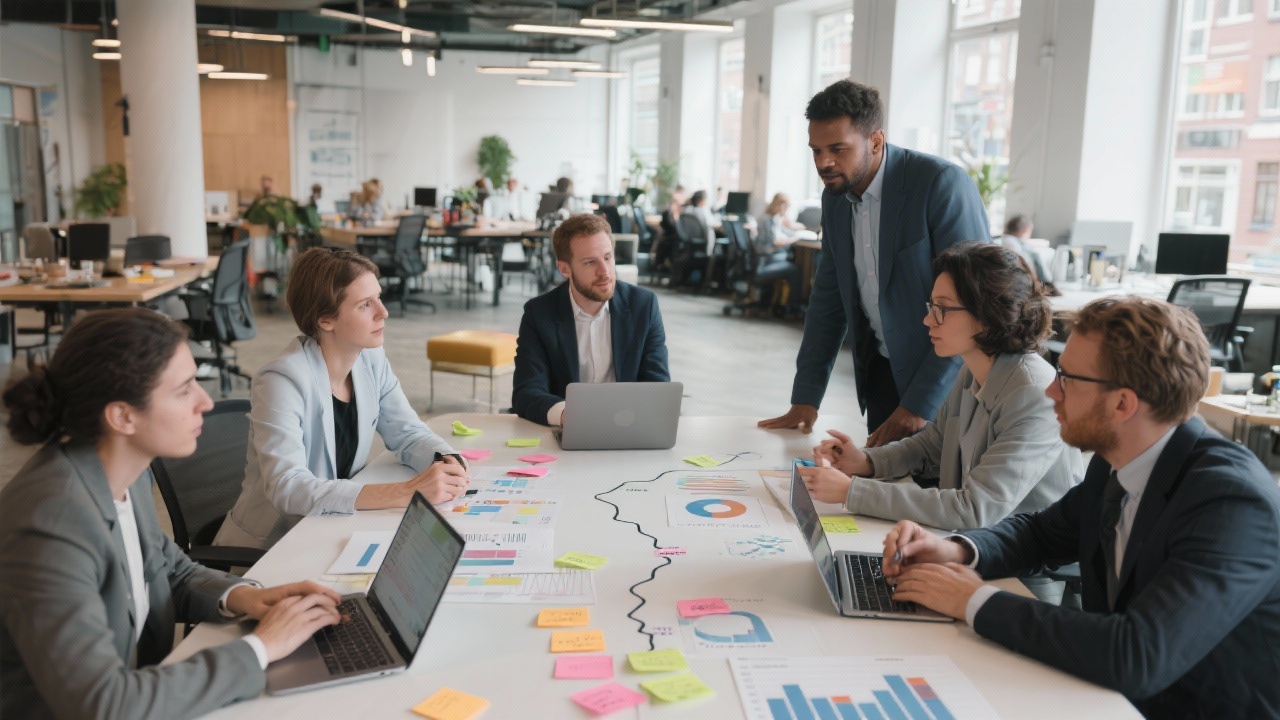 Consulting professionals collaborating around a leadership roadmap with laptops, sticky notes, and performance charts in a modern Amsterdam coworking environment.