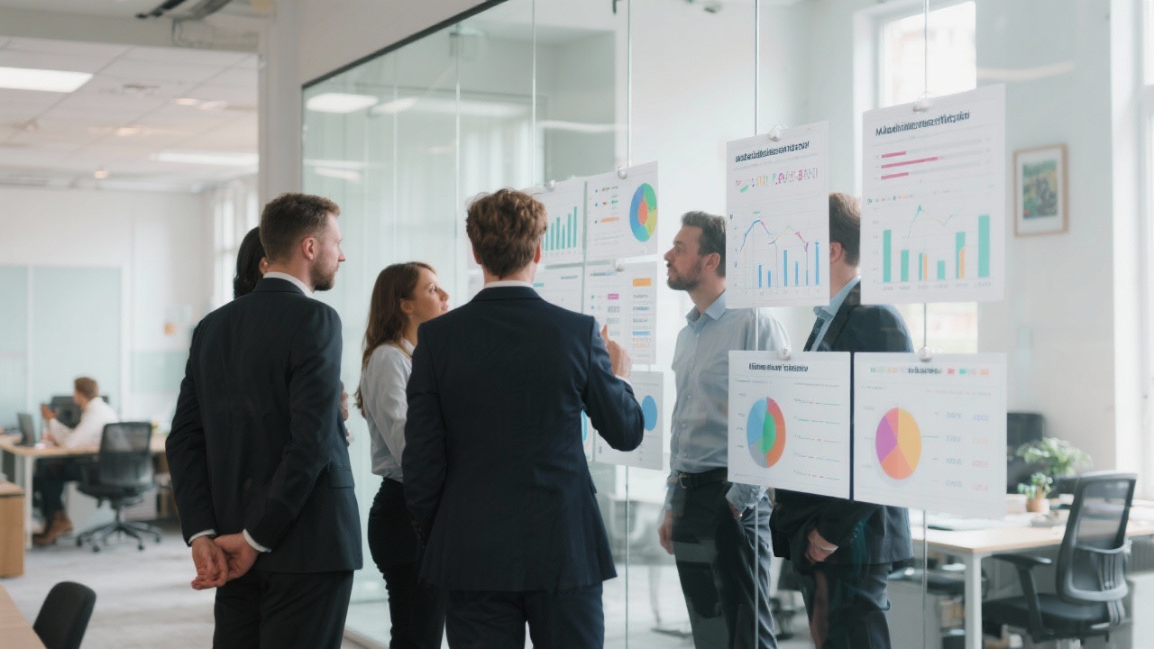 Multidisciplinary SME leadership group analysing performance dashboards and planning strategic initiatives on a glass wall inside a bright Amsterdam office setting.
