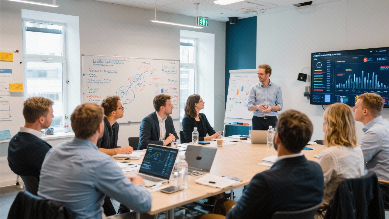 Diverse leadership trainers facilitating an engaging workshop for Dutch SME managers using interactive boards, analytics dashboards, and team reflection exercises in a contemporary meeting space.